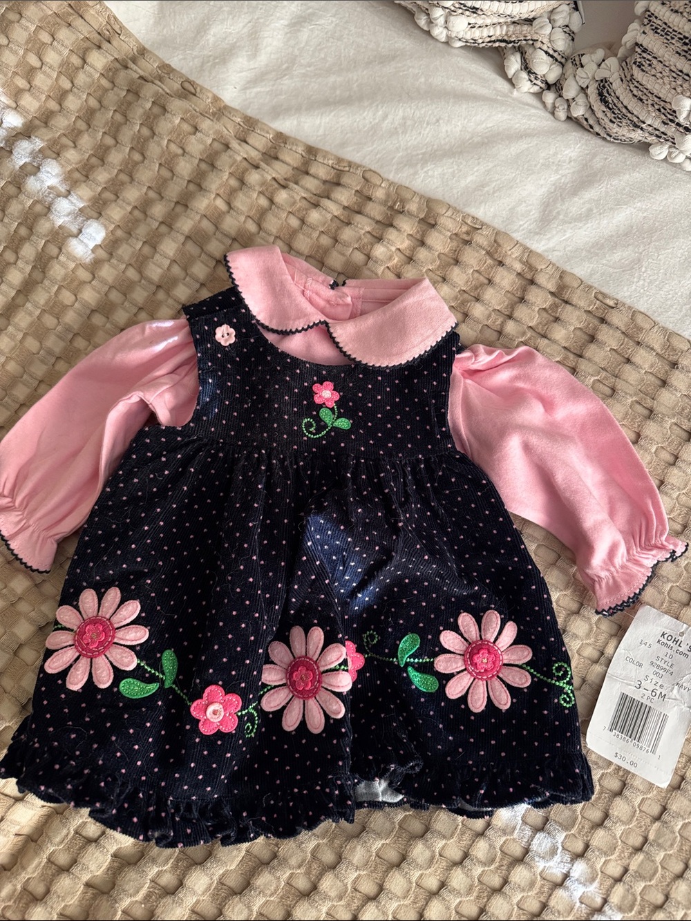 Navy courdrouy w/ pink Floral Embroidered 3-6 month Dress with Pink onesie